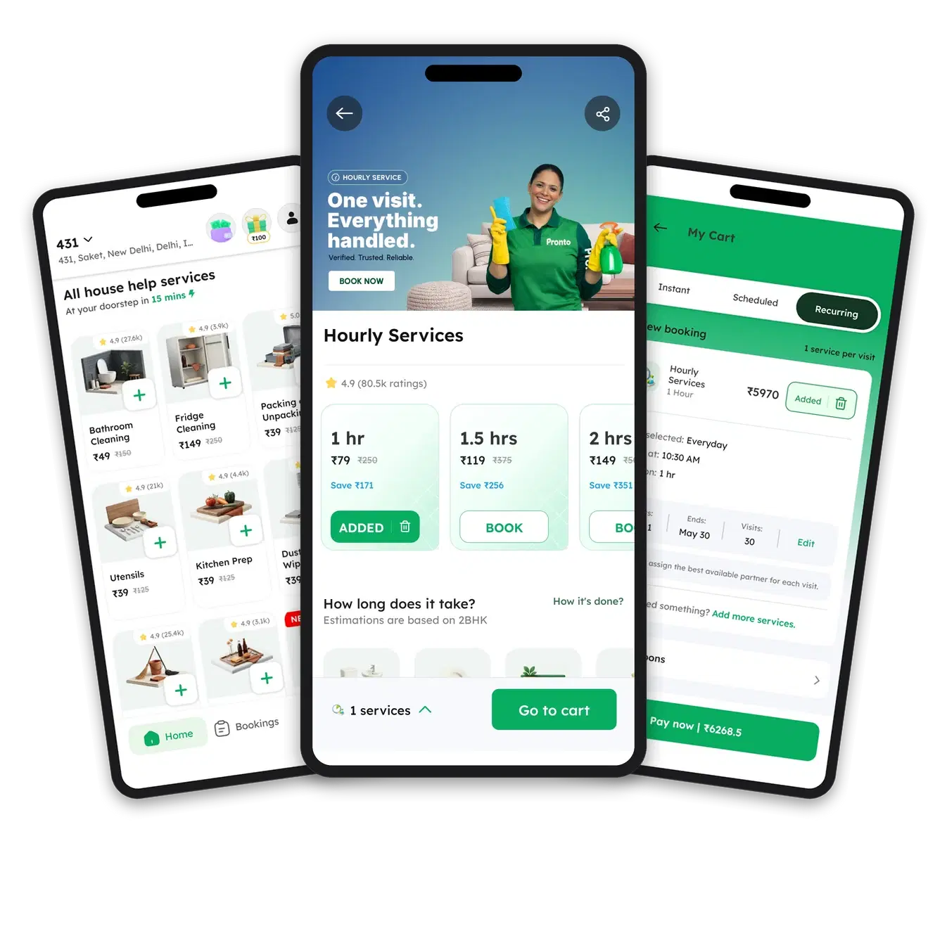 Three Pronto app screens: service catalogue, hourly service detail, and recurring cart
