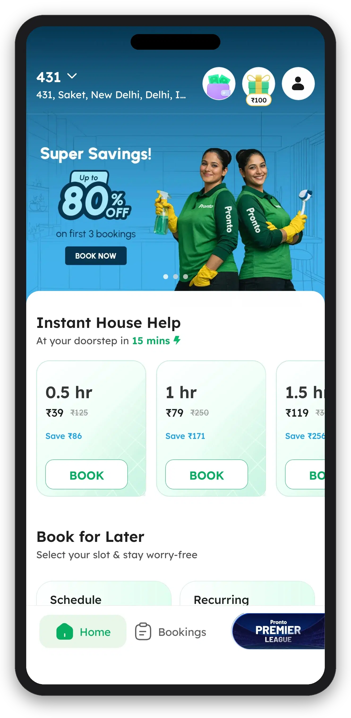 Pronto app home with hourly bookings and instant house help cards