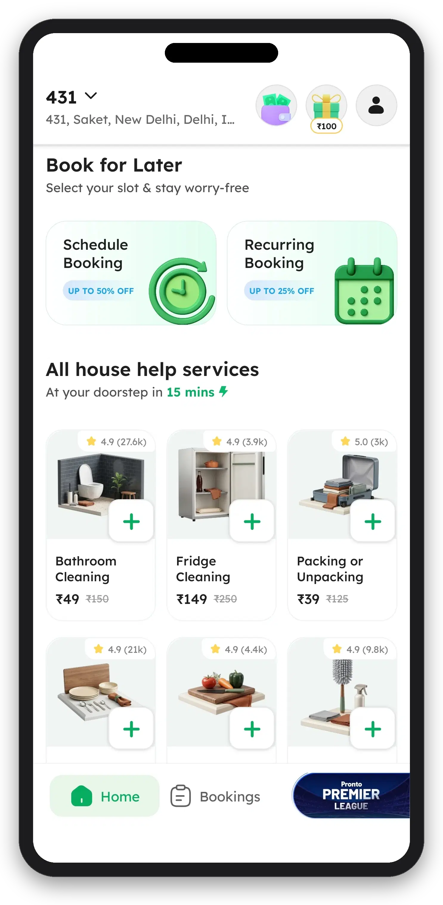 Pronto app home with Schedule and Recurring booking options