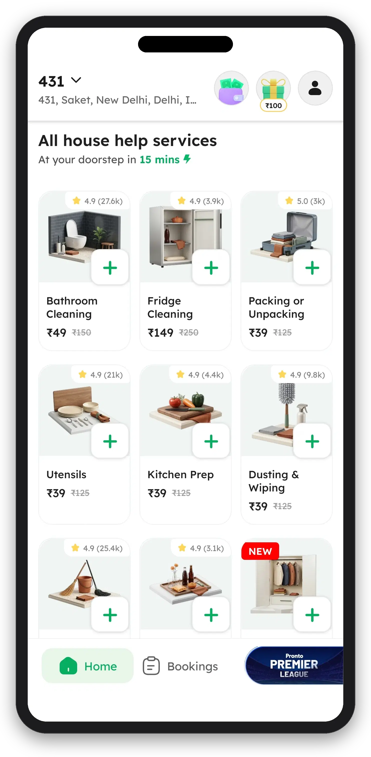 Full Pronto service catalogue including bathroom, fridge, packing, utensils, kitchen prep and dusting