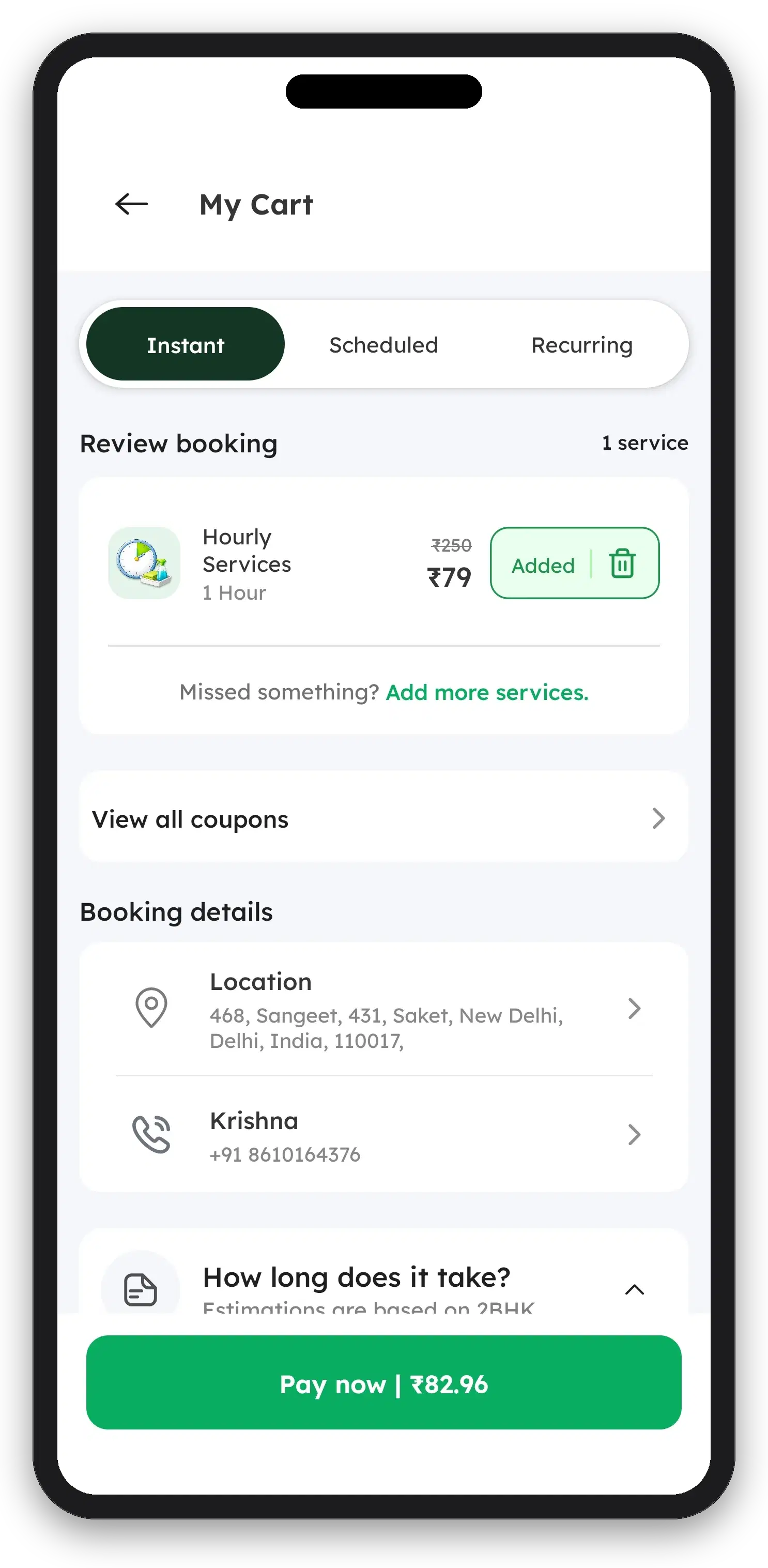 Pronto cart with Instant tab selected and Pay now CTA visible