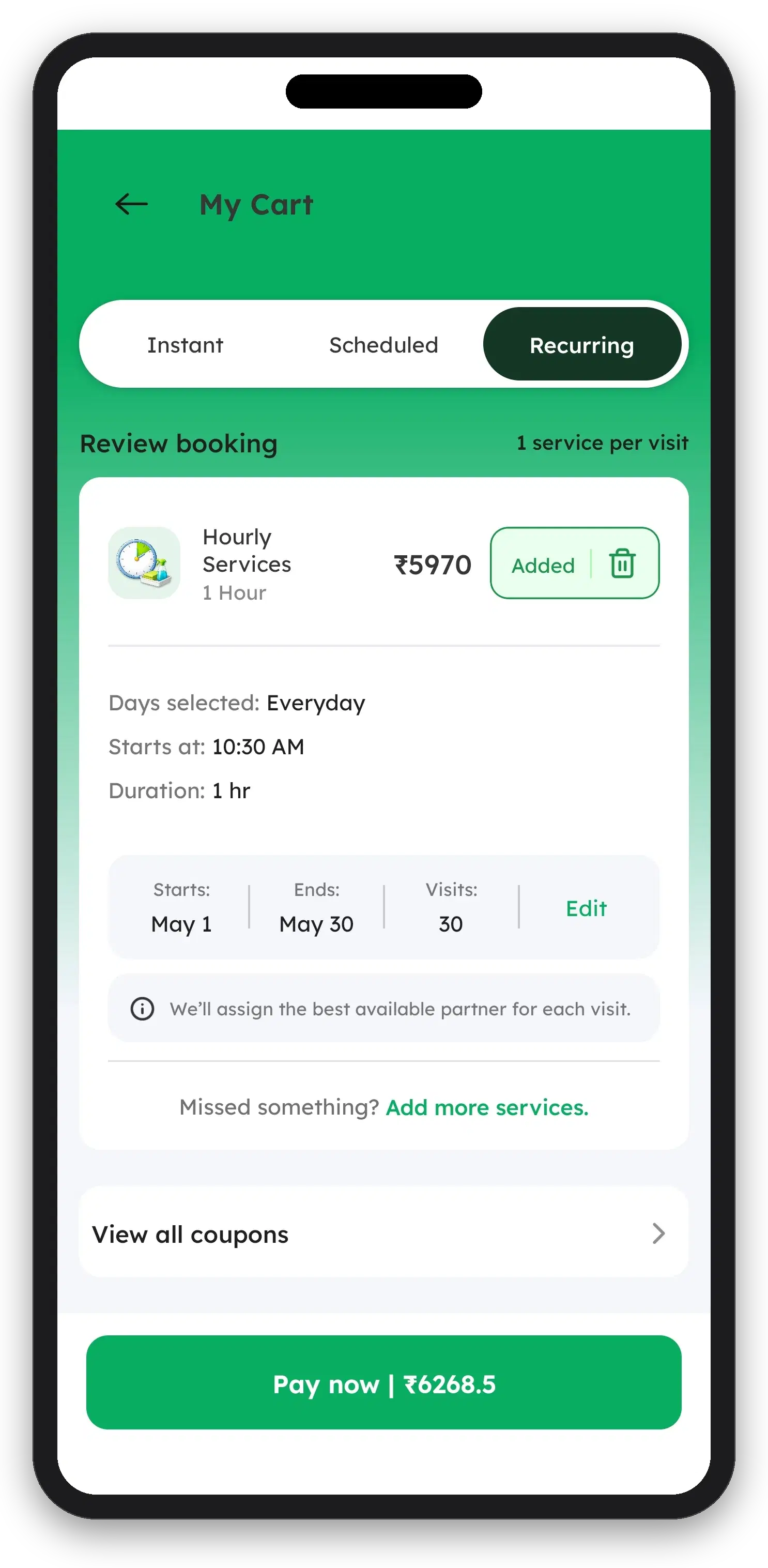 Pronto cart with Recurring tab showing daily booking from May 1 to May 30