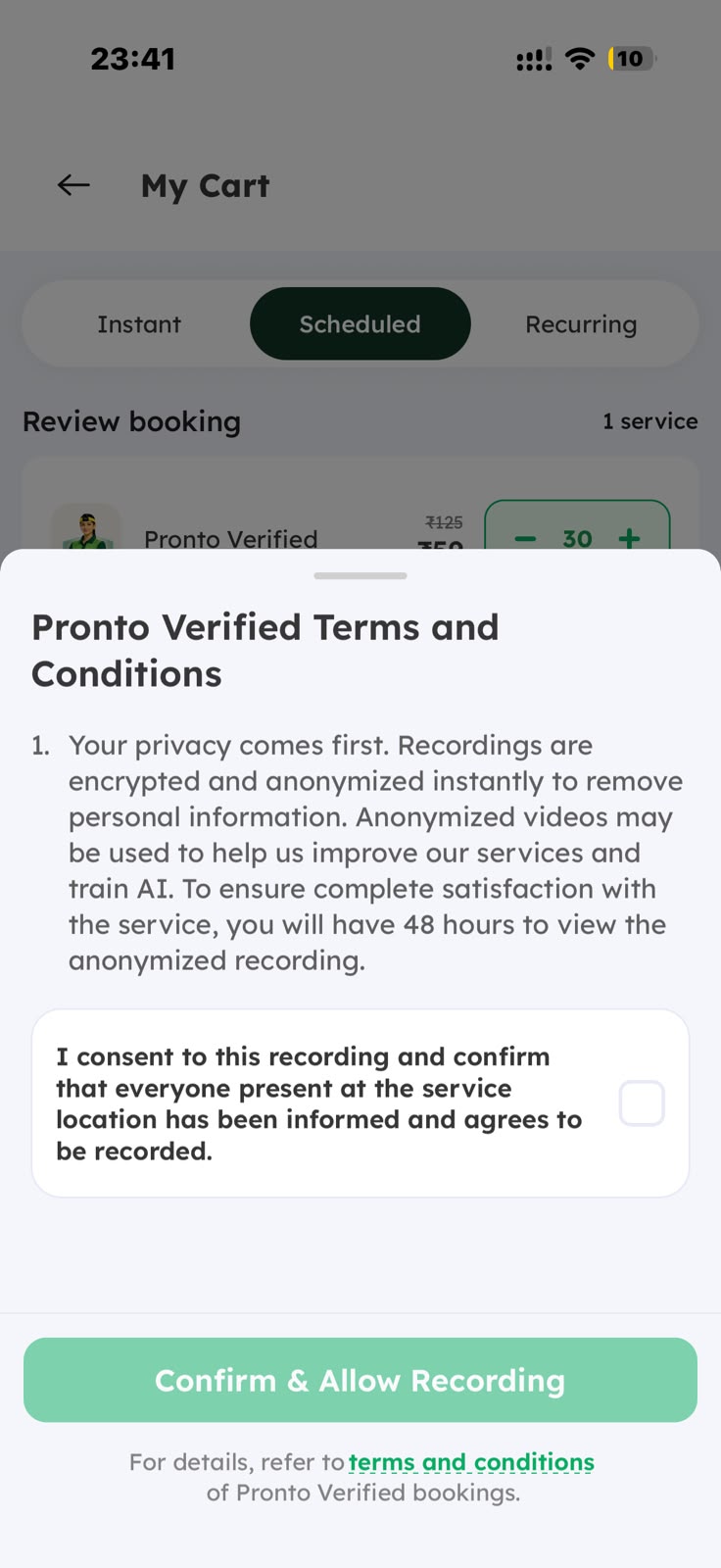 Pronto Verified consent screen shown before payment
