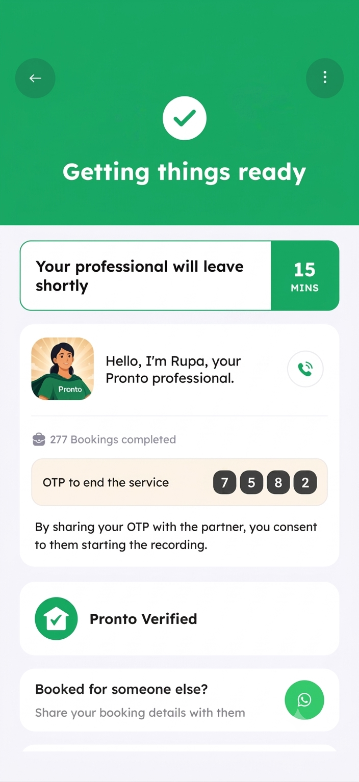 Booking start screen with OTP consent after the partner arrives